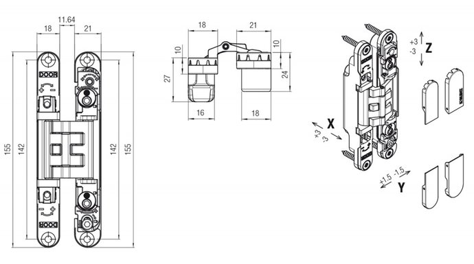 Скрытая петля KUBICA K2400 матовый хром для дверей невидимок внутреннего открывания